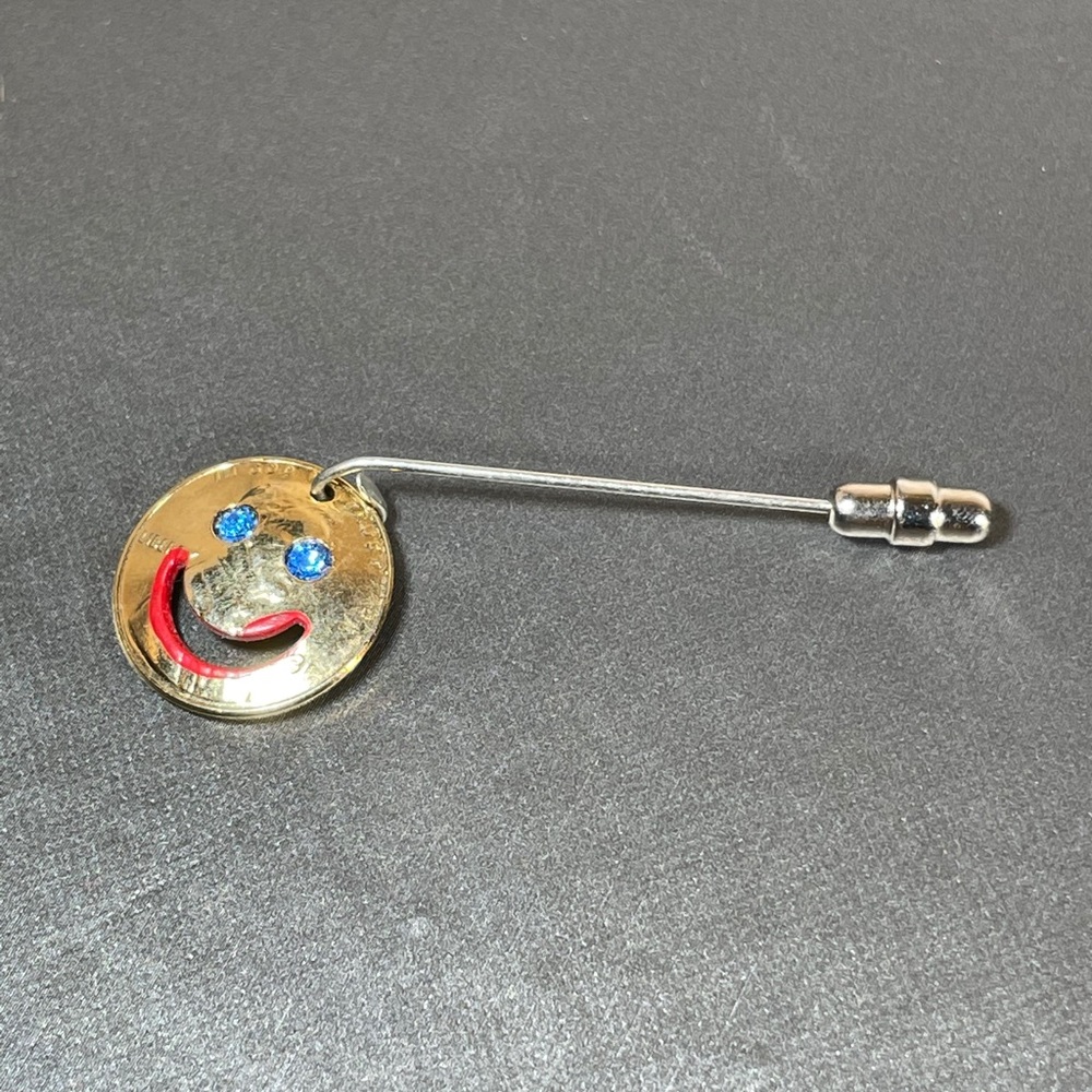 Handmade Penny Smily Face OOAK Gold Tone Stick Pin
